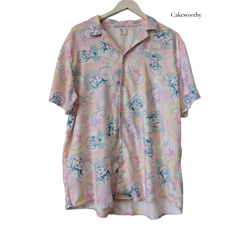 Cakeworthy The Golden Girls Button Front Camp Shirt Pink Graphic Rayon L